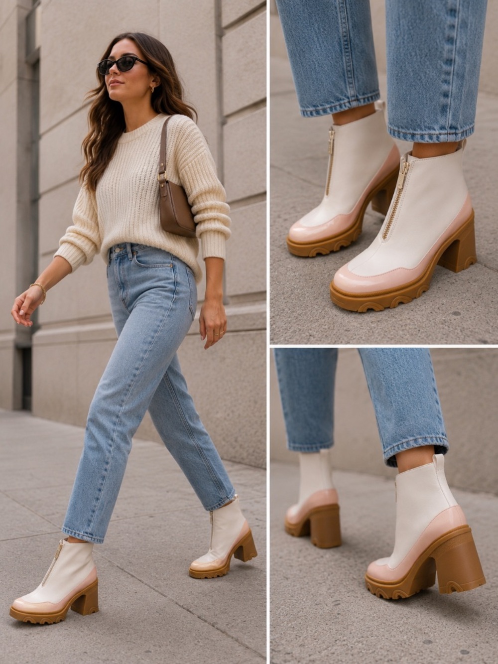 Sorel White and Pink Block Heel Ankle Boots with Gold Zipper